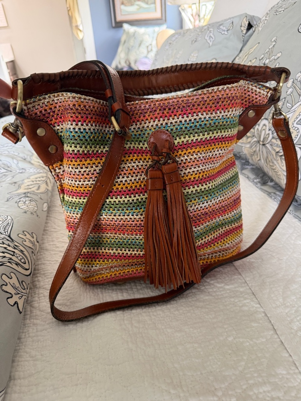 Patricia Nash Leather-Trim Multicolor Crochet Bucket Bag - Brown - Picture 2 of 12